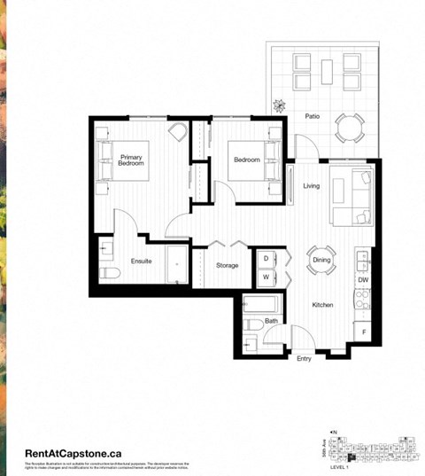 A black and white image of a floor plan for a two-bedroom apartment.